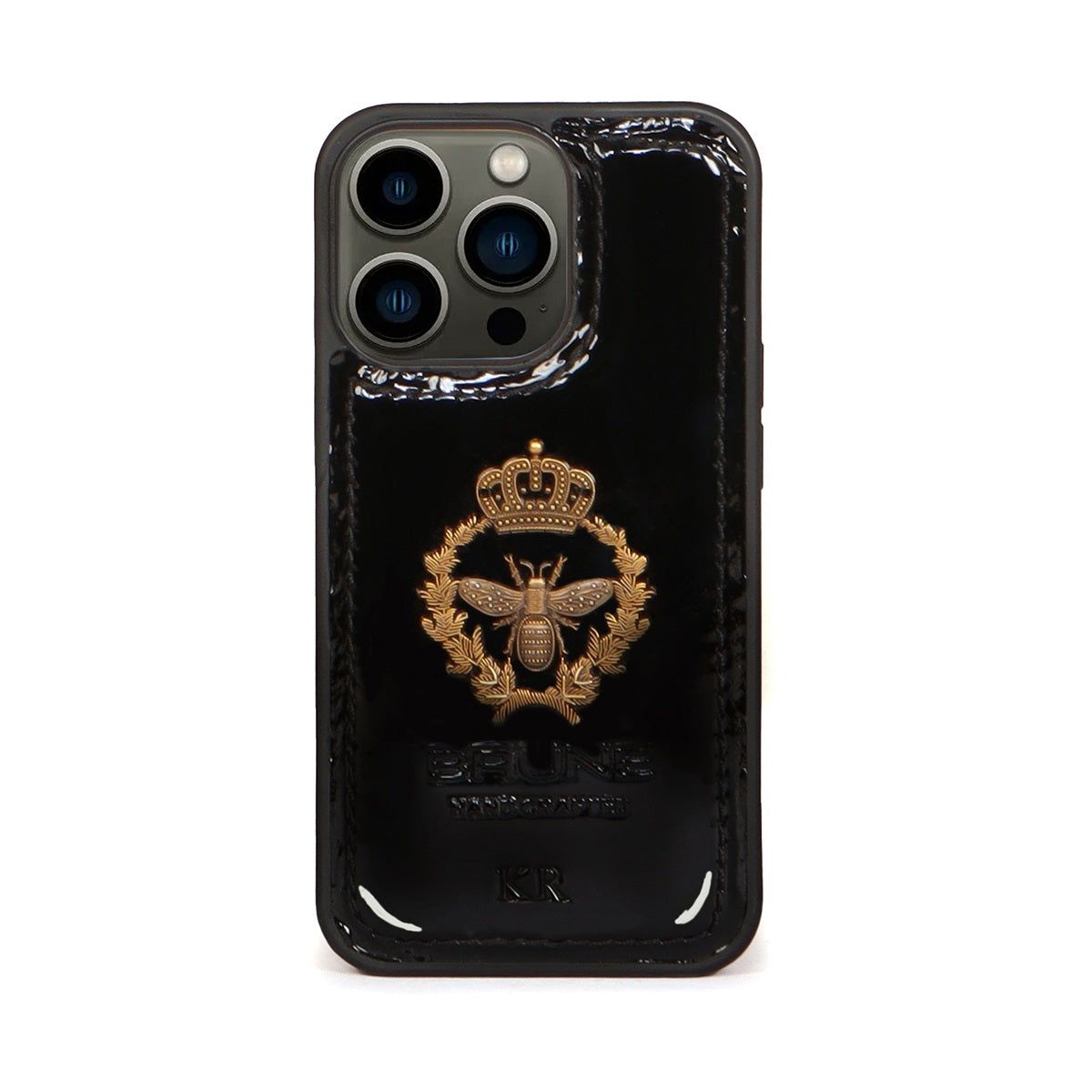 Customized Honey Bee Crest Zardosi Black Patent Leather Apple iPhone 13 Series Mobile Cover By Brune & Bareskin-11