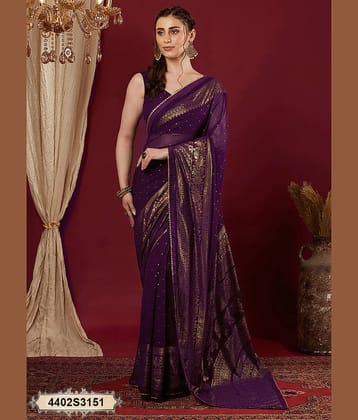 Satrani Georgette Printed Banarasi saree With Unstitched Blouse Piece ( Purple )
