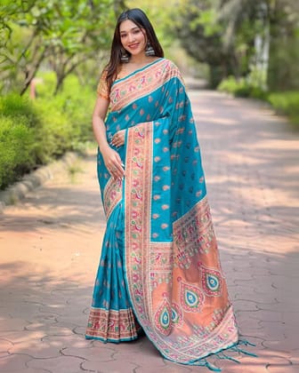Marathi Mood Muniya Paithani Rama Green Saree Zari Woven
