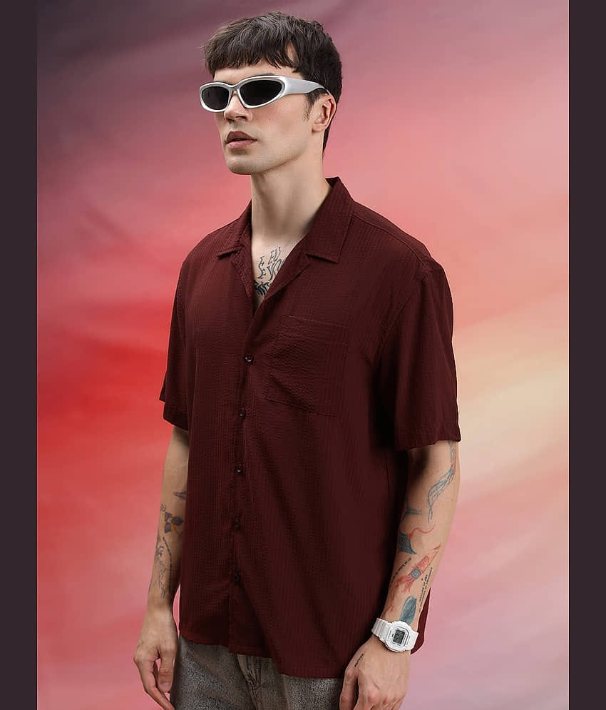 Highlander Polyester Oversized Fit Self Design Half Sleeves Cuban Collar Men's Casual Shirt (Rust)