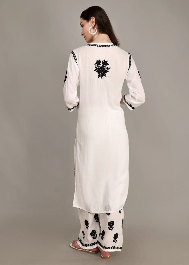 Pure Modal White & Black Hand Embroidered Lucknow Chikankari Kurta Plazzo set