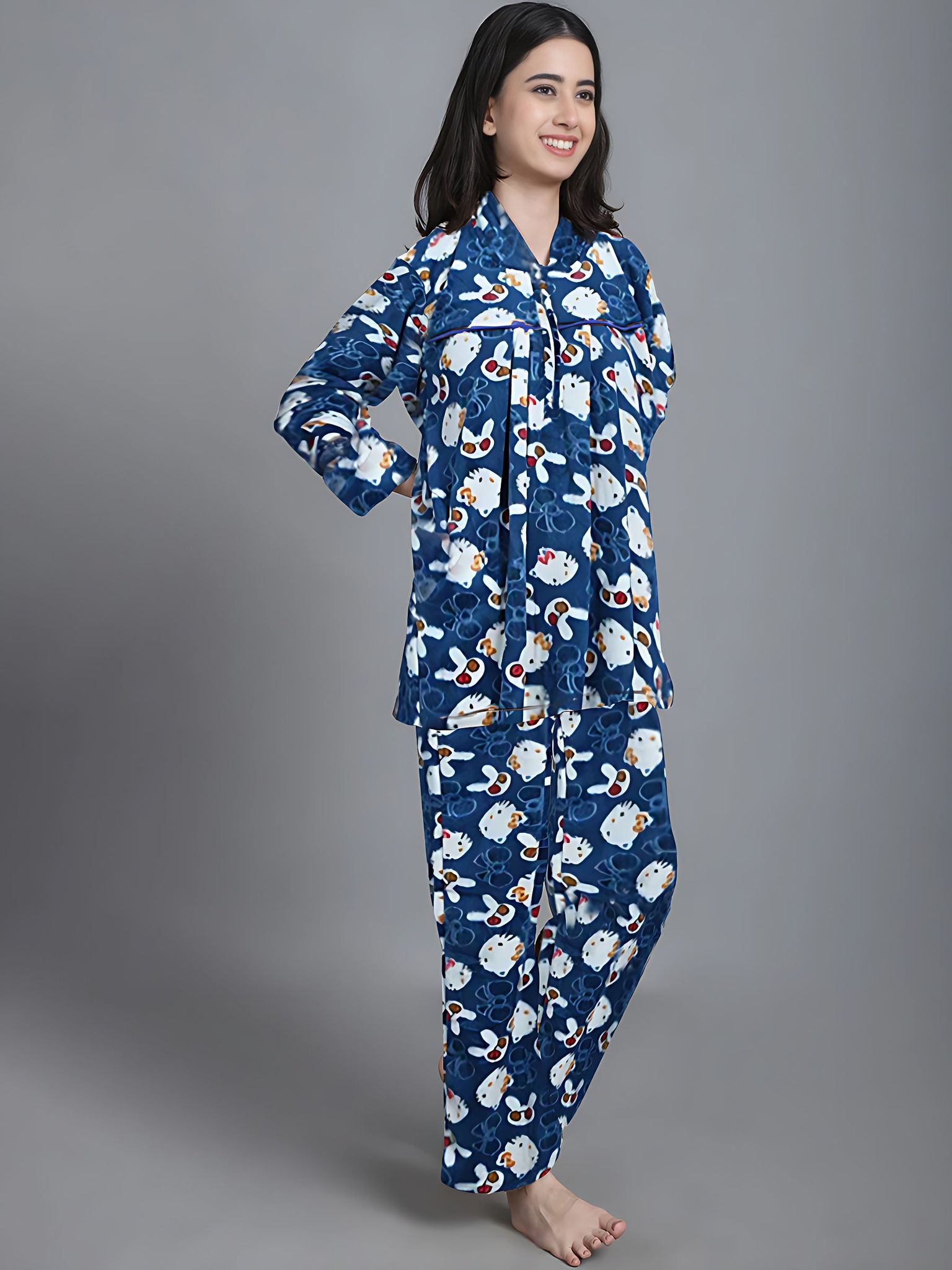 Cozy Hello Kitty Winter Night Suit - Blue & White-Free Size - Fit upto XL / Blue