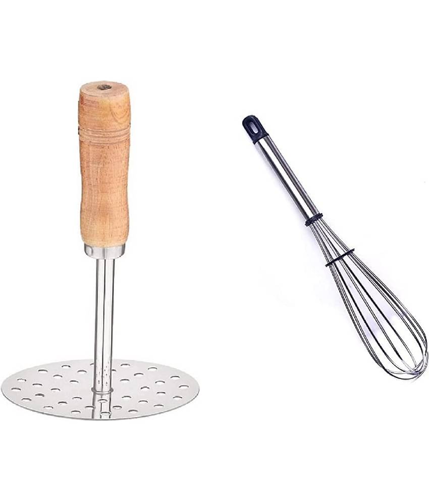 Dynore - Silver Stainless Steel Whisk and Pav Bhaji Masher ( Set of 2 )