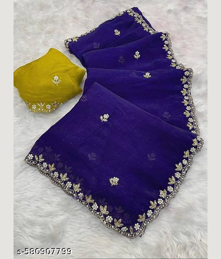 Shivadit ethnic Chiffon Embroidered Regular Saree With Unstitched Blouse Piece ( Blue )