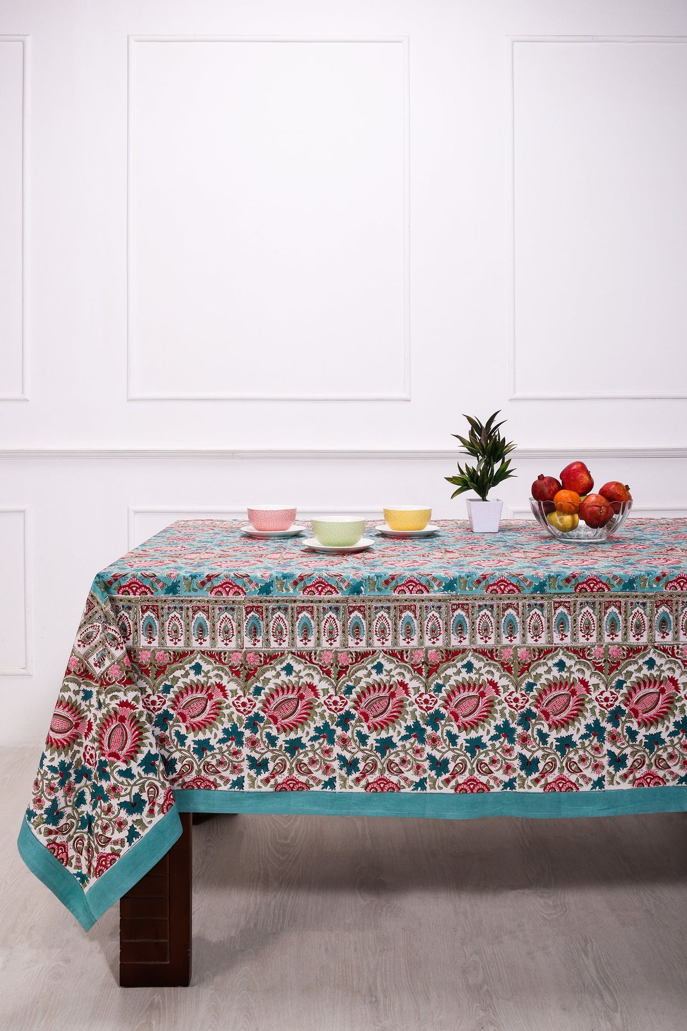 Charmine Floral Bloom Printed Turquoise Cotton Table Cover-60 X 90 in / Turquoise / Turquoise