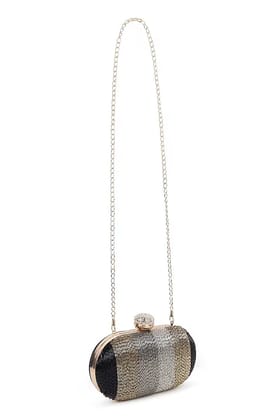 Multi-Colored Velvet Cutdana Work Oval Striped Clutch