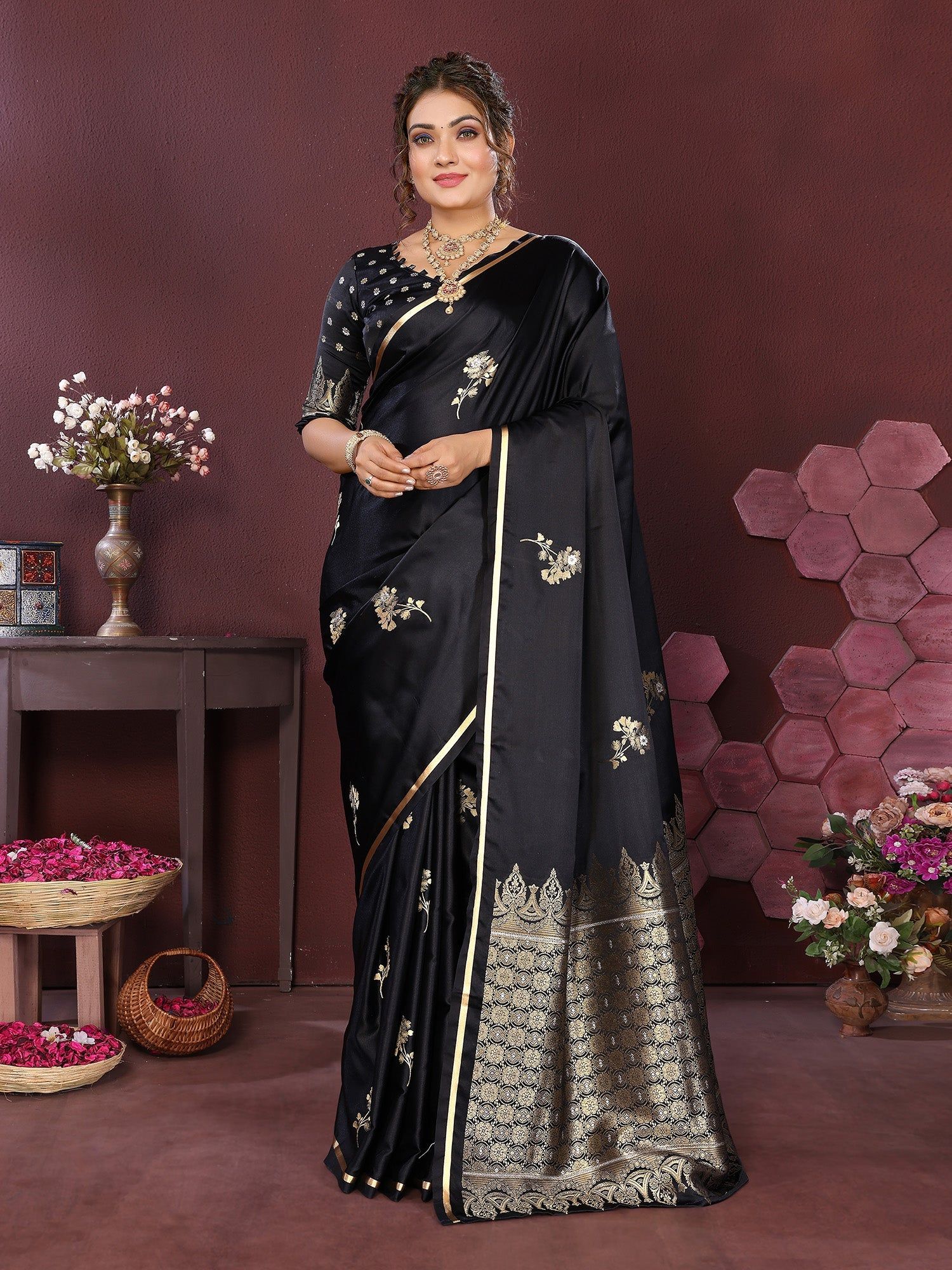 Black Satin Silk Floral Print Zari Weaving Banarasi Saree