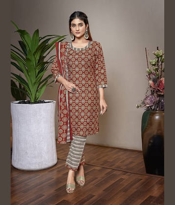 Royal Export Cotton Blend Printed Kurti With Pants Women's Stitched Salwar Suit - Brown ( Pack of 1 )