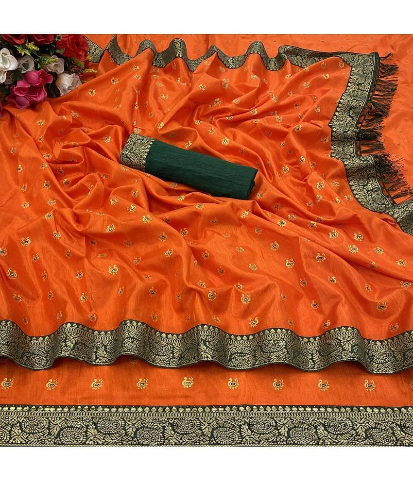 Gullak Art Silk Applique Regular Saree With Unstitched Blouse Piece ( Orange )