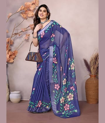 NightBlue Linen Printed Saree With Unstitched Blouse Piece ( SkyBlue )