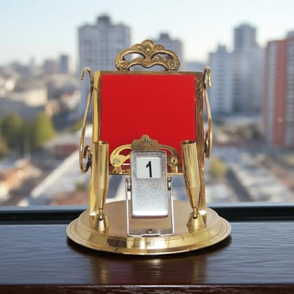 Brass Pen Stand With Mobile Holder & Date Display | Office Desk Organizer, Height : 5.2 Inch (ZMAS259 A)