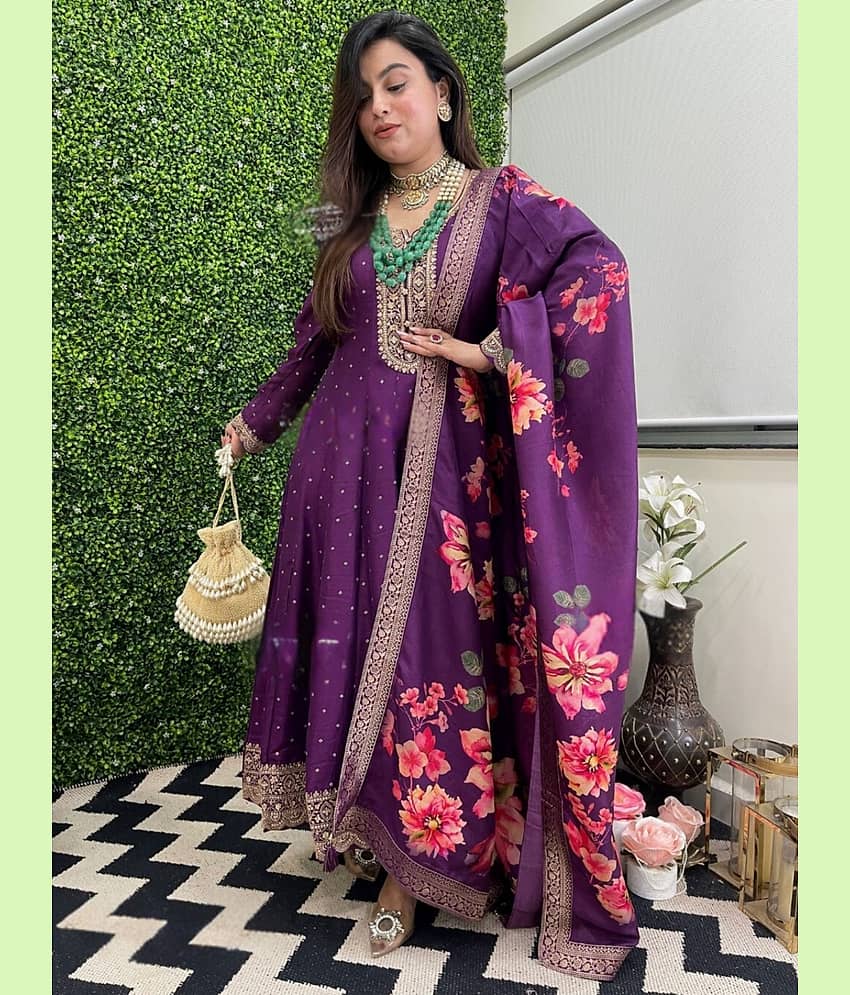 Eeloo Women Silk Embellished Anarkali Kurti With Pants ( Purple )