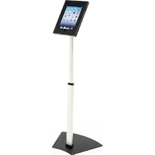 Displays2Go Height Adjustable Tablet Floor Stand, Tilting Enclosure, Holes In Base For Bolting To Floor (Black & Silver)