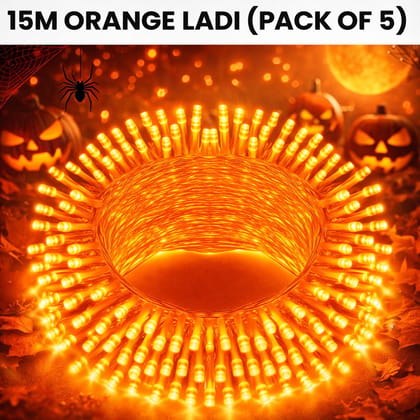 SPARKWORLD (Pack of 5), 11 Meter Orange LED Ladi | Decorative Rice Lights for Diwali, Wedding, Balcony, and Outdoor Decoration | Steady Glow | Size: 15 M