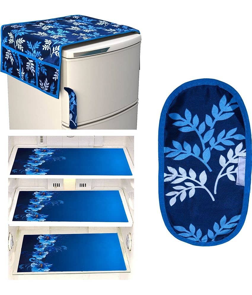Crosmo Polyester Floral Printed Fridge Mat & Cover ( 64 18 ) Pack of 5 - Blue