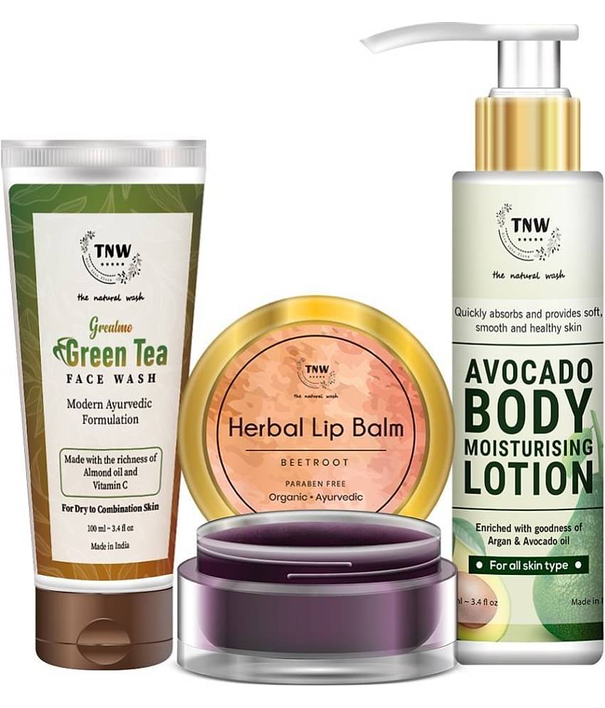 TNW - The Natural Wash Avocado Lotion, Beetroot Lip Balm & Green Tea Face Wash Facial Kit 205 mL Pack of 3