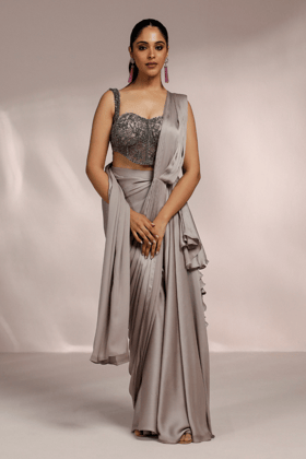METAL GREY DRAPED SAREE WITH CORSET BLOUSE-XS