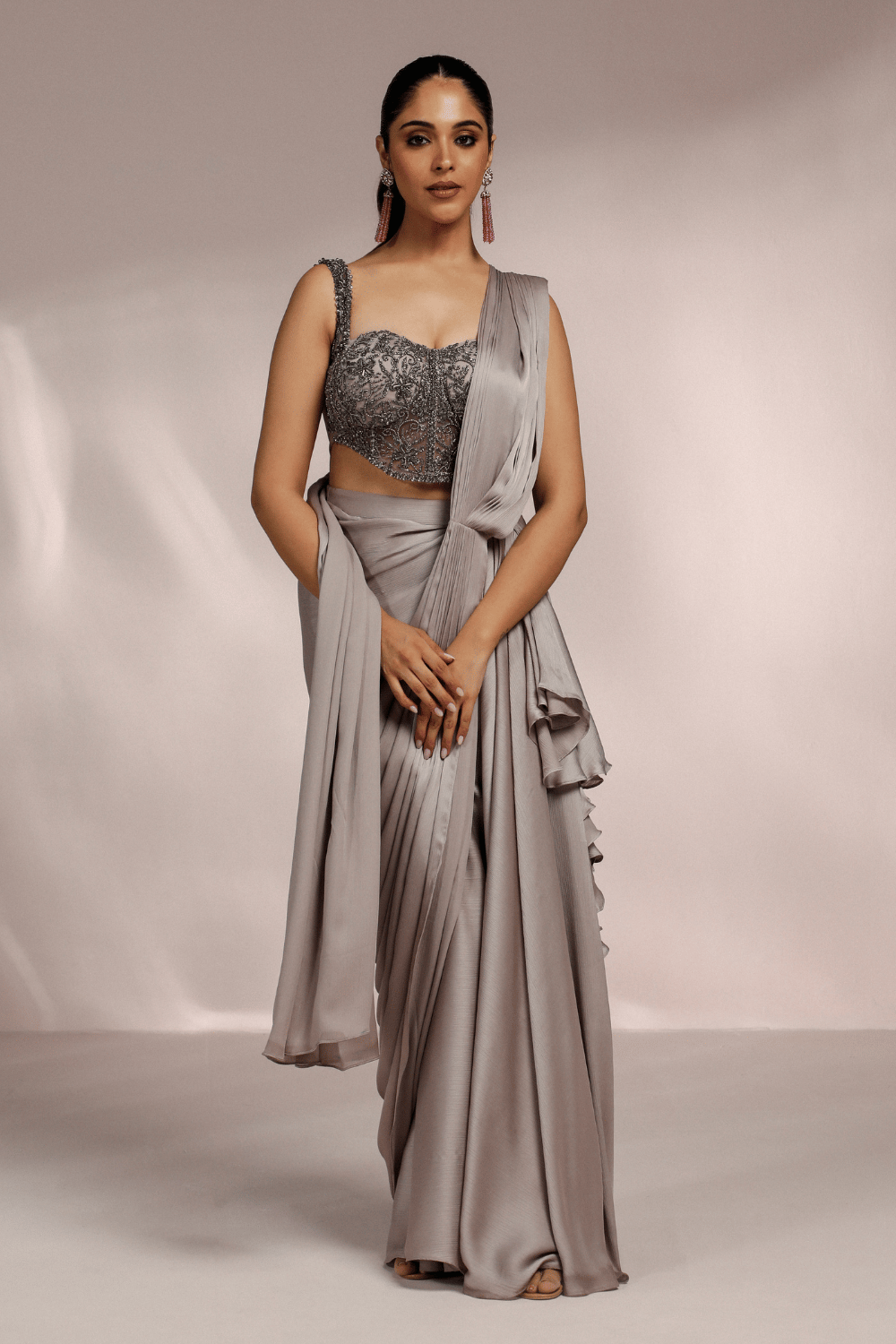 METAL GREY DRAPED SAREE WITH CORSET BLOUSE-XS