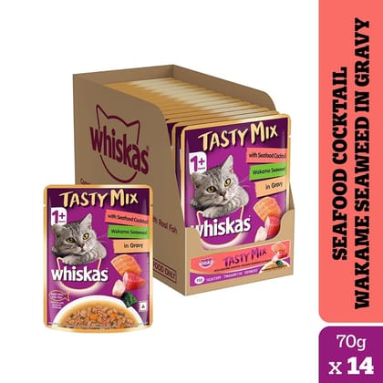 Whiskas Tasty Mix Seafood Cocktail Wakame Seaweed Adult (1+ Years) Wet Cat Food (70gx14)