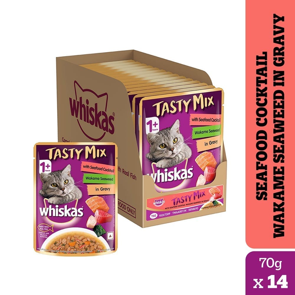 Whiskas Tasty Mix Seafood Cocktail Wakame Seaweed Adult (1+ Years) Wet Cat Food (70gx14)