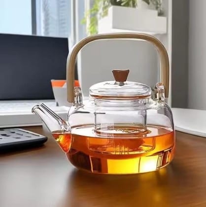 Glass Teapot with Glass Infuser | 900 ML | Kettle with Bamboo Handle| Borosilicate Glass Tea Maker, for Loose Tea, Safe On Stovetop. Heat-Resistant