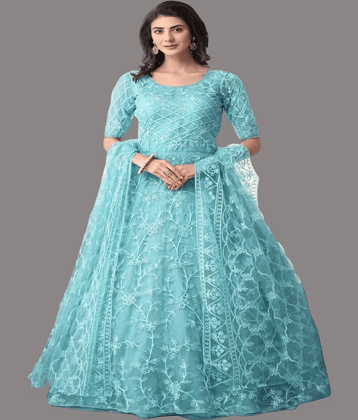 KV Fashion Light Blue Flared Net Women's Semi Stitched Ethnic Gown ( Pack of 1 )