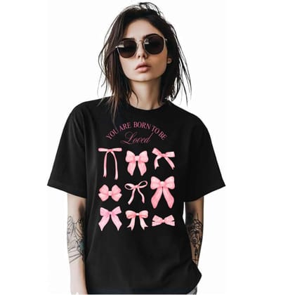 Women Pink Bows Design Black Cotton Short Sleeve Over Size T-Shirt Black (Size XL)