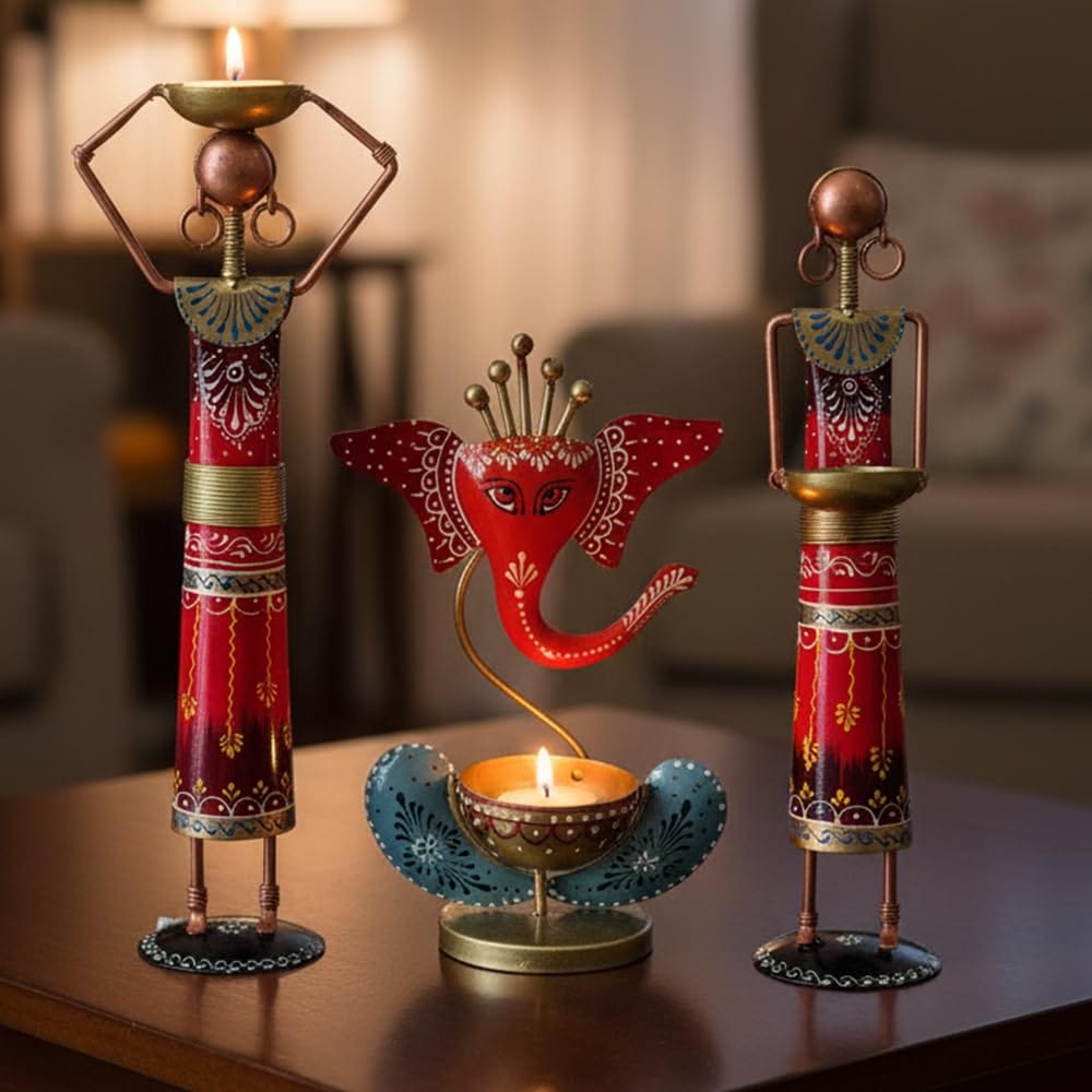 Handcrafted Metal Ganesha Tea Light Holder Set, Red and Gold, Traditional Indian Style Decorative Candle Holders with Tribal Figurines, Home Temple Decor