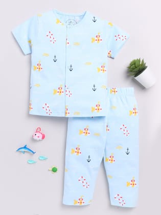 Blue Submarine Print Half Sleeve Night Suit-3-6 m