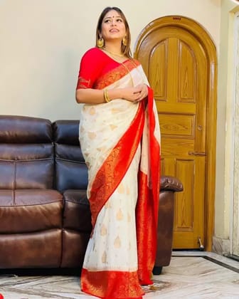 Red & White Zari Woven Dharmavaram Pure Silk Saree