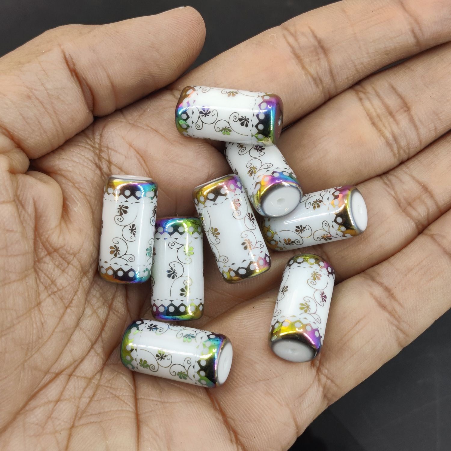 Plated Printed Premium Glass Beads (10 Pieces) 20x10 MM Multicolor Hole 1 MM Cylinder For Jewellery Making Arts Crafts (#Design5)-10 Pieces