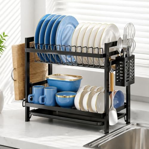 COMFYHOME Kitchen Two Tier Dish Drying Rack with Drainer Tray, Carbon Steel Utensils Drying Rack, Saving