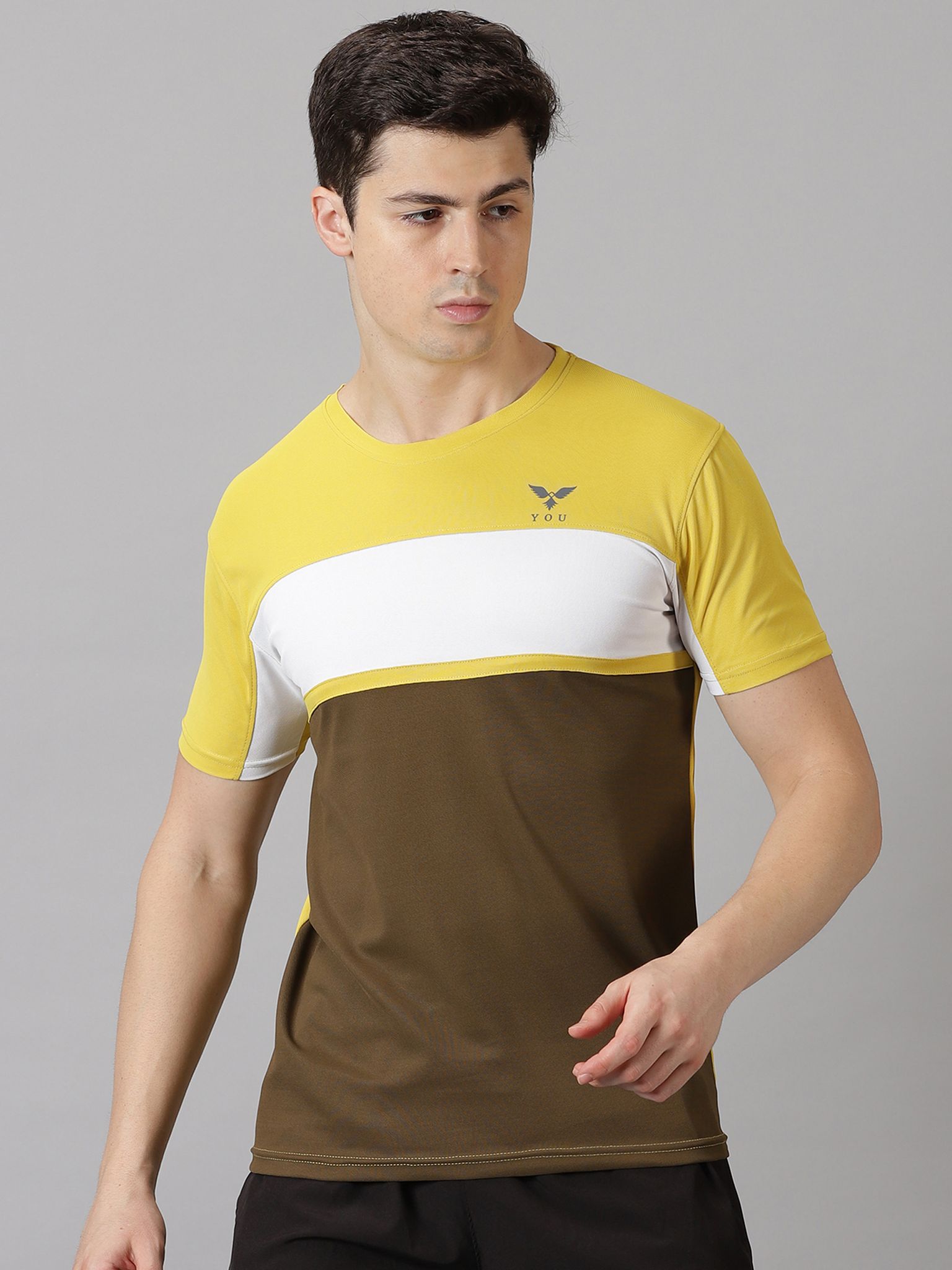 Polyester Yellow & Olive Round Neck