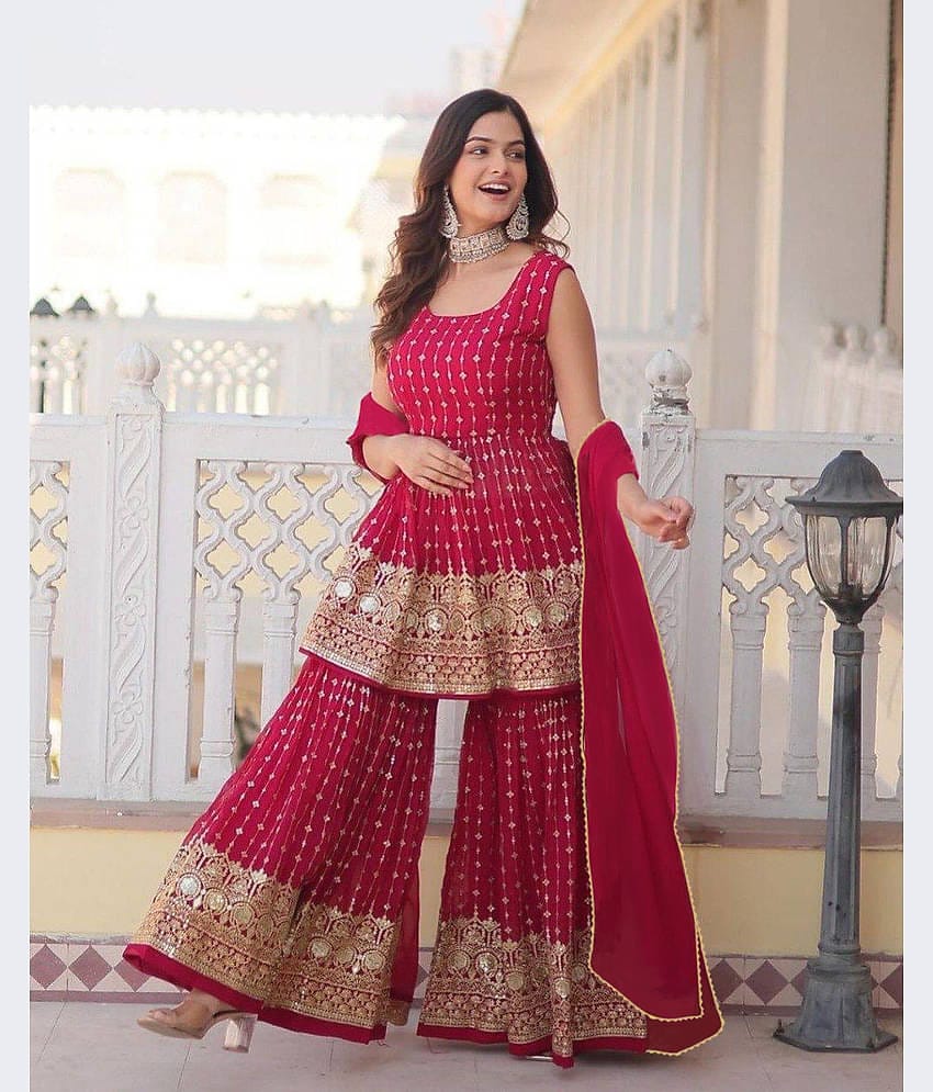 kedar fab Georgette Embroidered Kurti With Sharara And Gharara Women's Stitched Salwar Suit - Pink ( Pack of 1 )