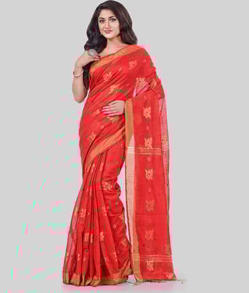 Desh Bidesh Cotton Blend Self Design Saree With Unstitched Blouse Piece ( Red )