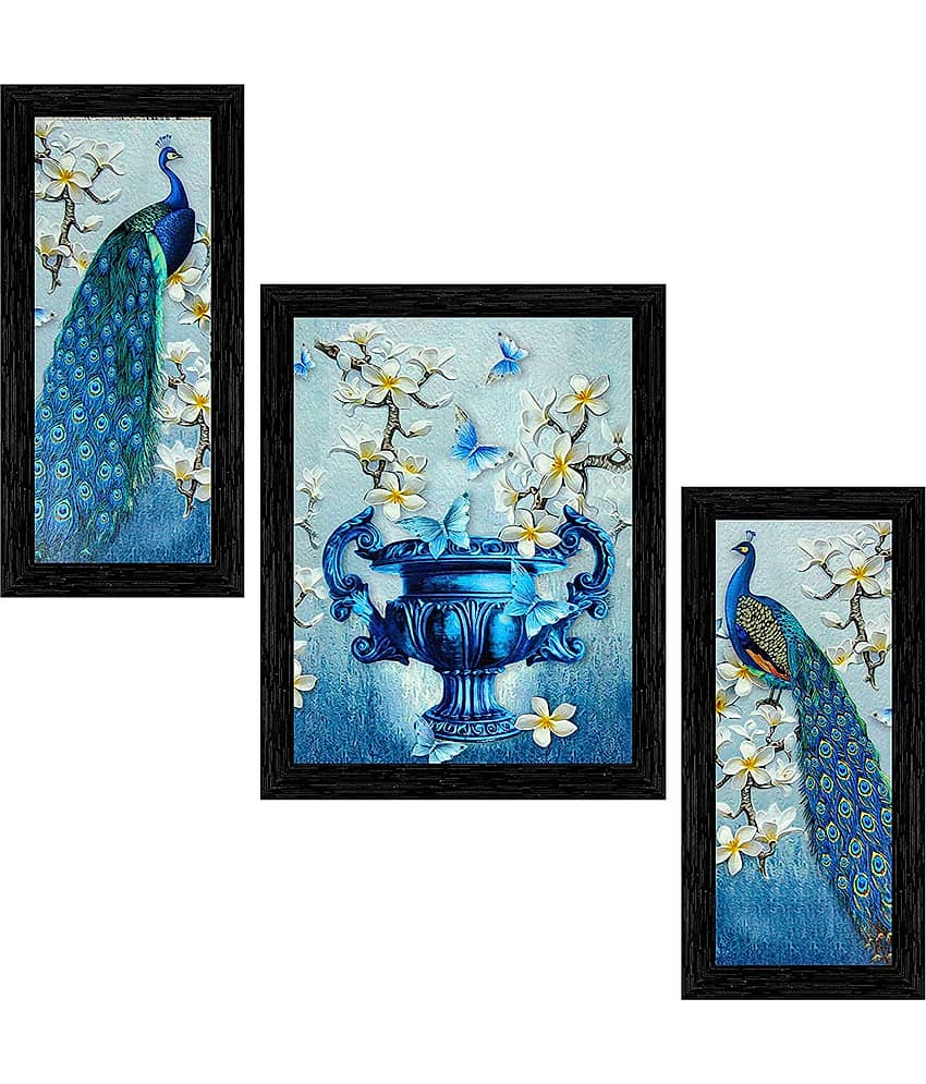 Indianara Set of 3 Beautiful Pair of Peacock and Flower vase Framed Art Painting