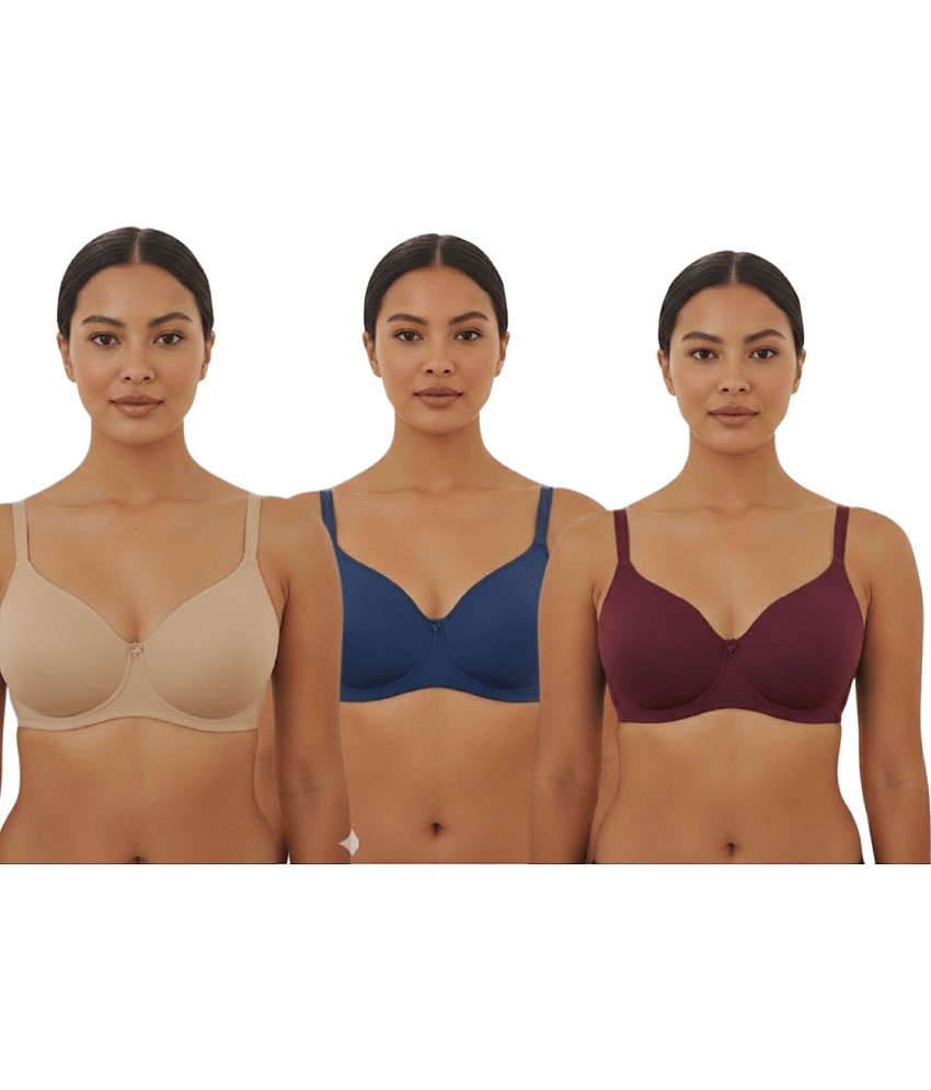 Funhame Pack of 3 Cotton Blend Lightly Padded Everyday Bra For Women ( Maroon )