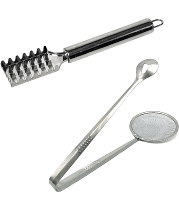 VillWin Silver Stainless Steel Fish Scaler with Frying Tool ( Set of 2 )