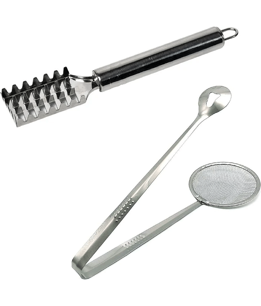 VillWin Silver Stainless Steel Fish Scaler with Frying Tool ( Set of 2 )