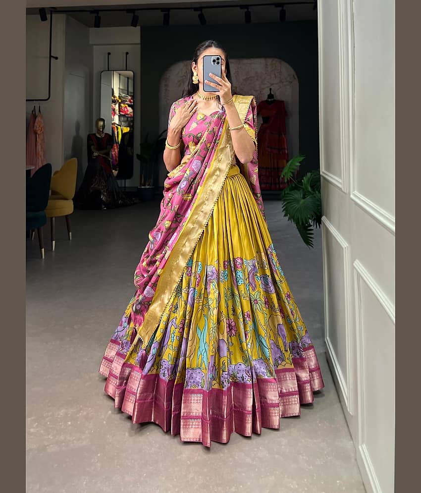 KRISHU ETHNICS Yellow Art Silk Circular Semi Stitched Lehenga