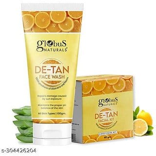 Globus Naturals De-Tan Face Wash & Facial Kit Combo | 100g + 40g, Tan Removal Formula for All Skin Types
