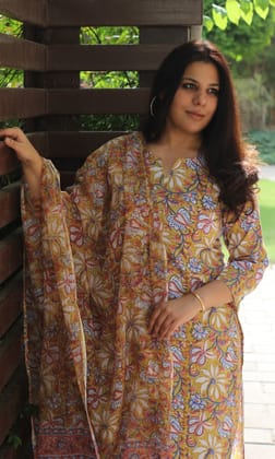 Cotton Handblock Deep Yellow Suit Set with Printed Kota Dupatta-XXS