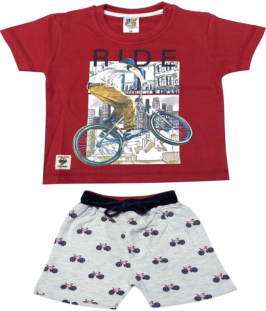 Kideon Pack of 1 Boys Cotton T-Shirt & Shorts Set ( Red )