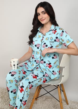 Preen Women Shirt & Pajama set-Blue / S