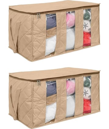 PrettyKrafts Underbed Fabric Storage Box Clothing Organizer with 3 Partitions, Beige, Rectangular (Pack of 2)