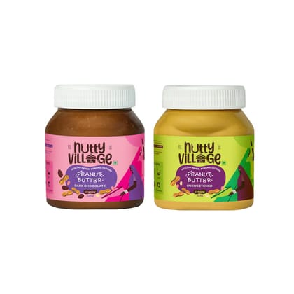Nutty Village Combo Dark Chocolate Crunchy and Unsweetened Creamy Peanut Butter 325 g Each