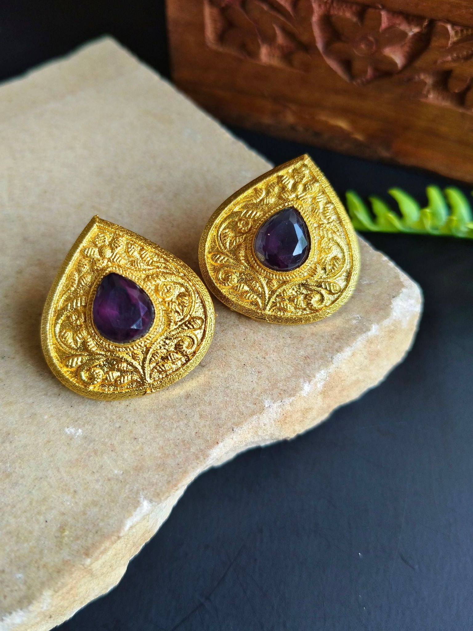 Gold Plated Leaf Design Earrings with Monalisa Stones | Sarichka-Blue