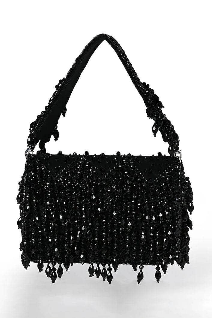 Black Suede Crystal Work Flap Bag