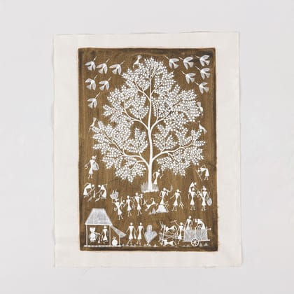 Warli Painting Tree of Life - 17x21 Unframed-Brown / White / Cotton