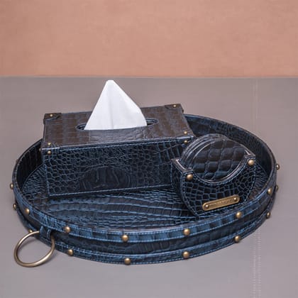 Eden Round Tray Set with Tissue Box & Coasters Blue-Blue